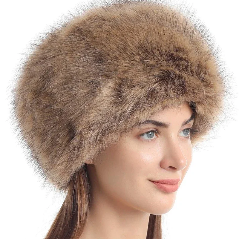 Super Thick Faux Fur Cap Fluffy Fur Caps Winter Snow Hat for Women Russian Windproof Hats Party Luxury Warm Plush Ski Cap