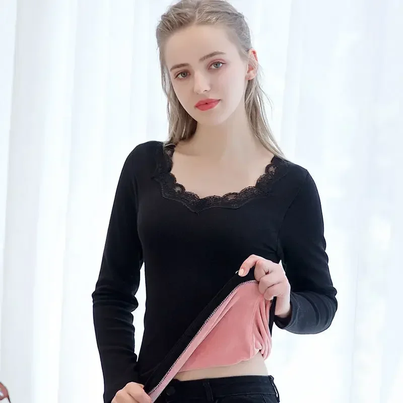 New Lace bottoming shirt for women Winter Women\'s Thermal Underwear Plus Velvet V&O-Neck Basic Thermos Long-sleeved Tops Female