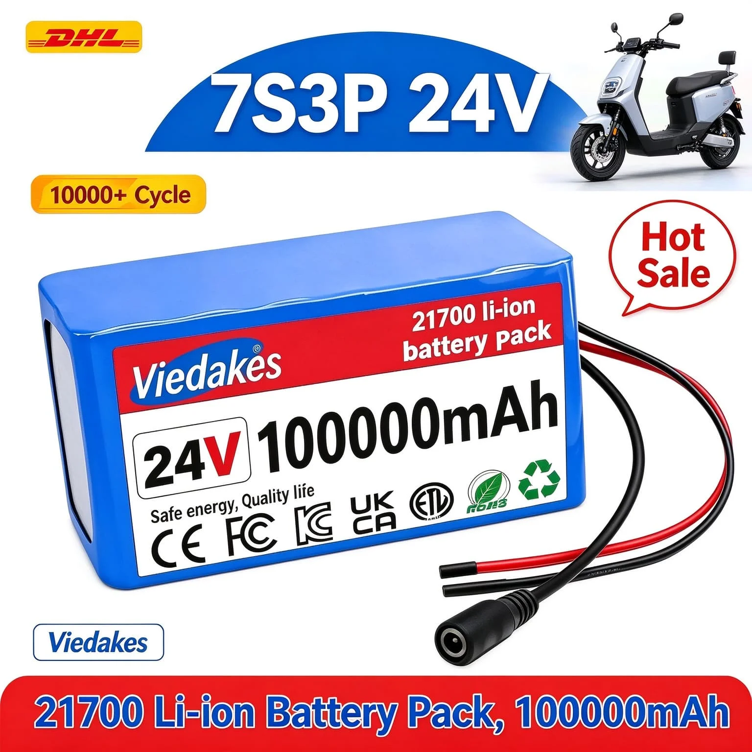 Viedakes 24V 100000mAh 7S3P 21700 Li-ion Rechargeable Battery Pack,1000+ Cycles for Electric Toy Car & Solar Power System