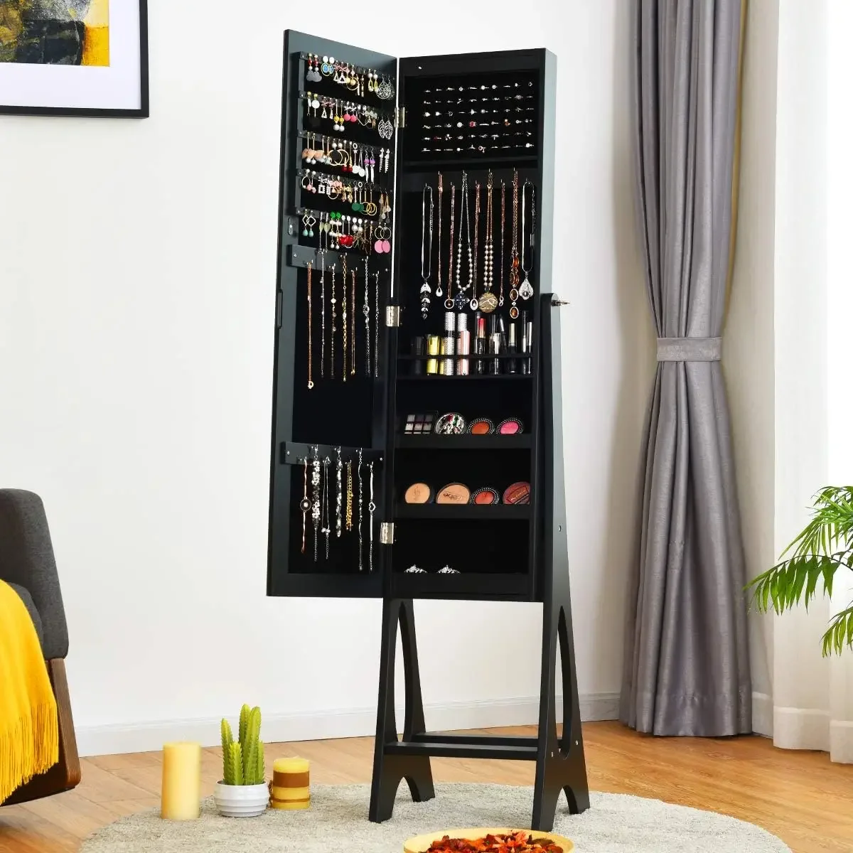 12 LED Jewelry Armoire Cabinet with Frameless Full-length Mirror, Standing Jewelry Cabinet with 16 Lipstick Holders