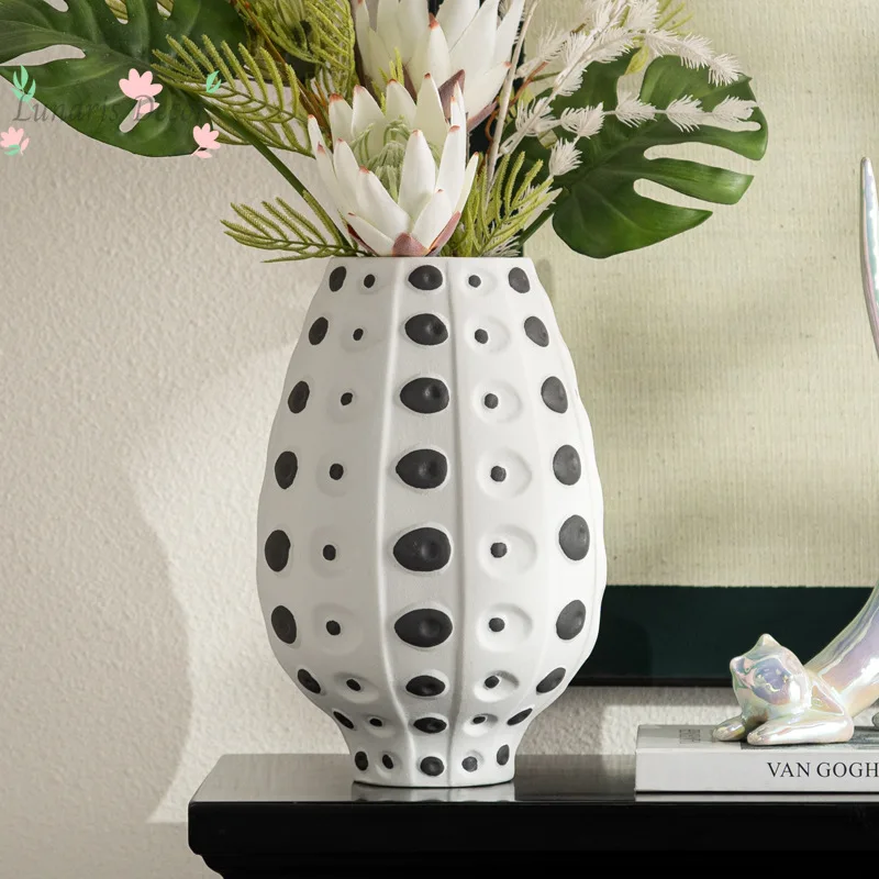 Wabi-sabi black and white speckled ceramic vase - modern home decor accent