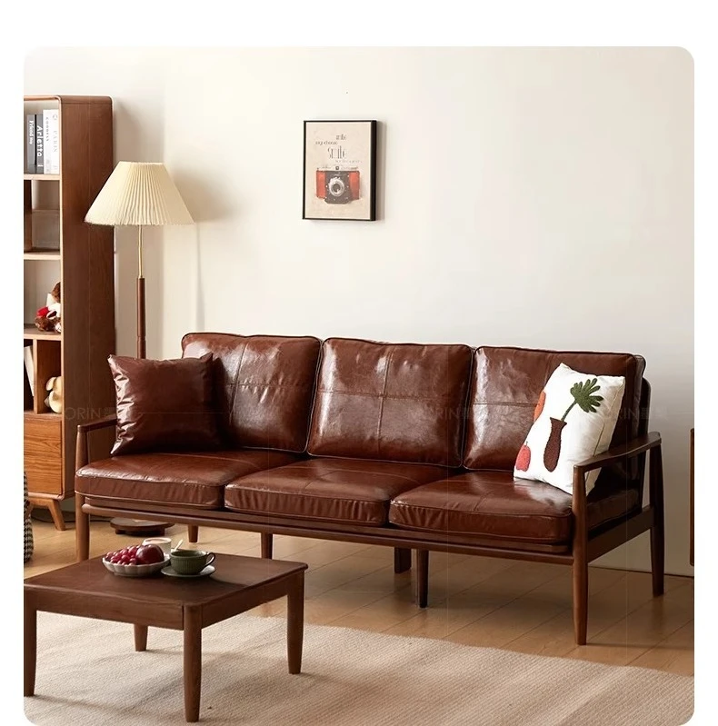 

American retro leather solid wood sofa living room small apartment winter and summer dual-purpose simple straight row