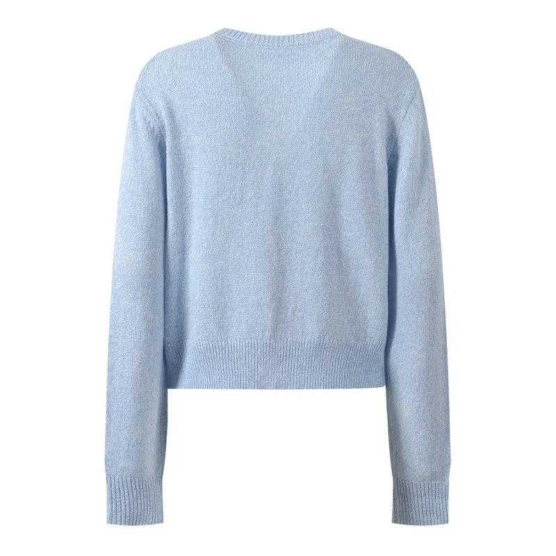 CHUJIE Cárdigan de punto estilo suave otoño 2025, top de manga larga con cuello redondo, parte delantera con botones de lentejuelas y cuentas - Rosa / Azul Opcional.