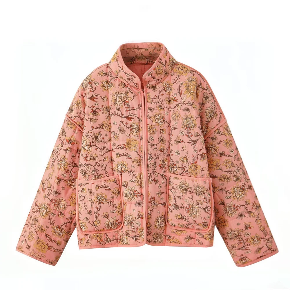 PB&ZA2024 Autumn New Women\'s Fashion Style Loose and Versatile Match Color Printed Pocket Decoration Cotton Jacket