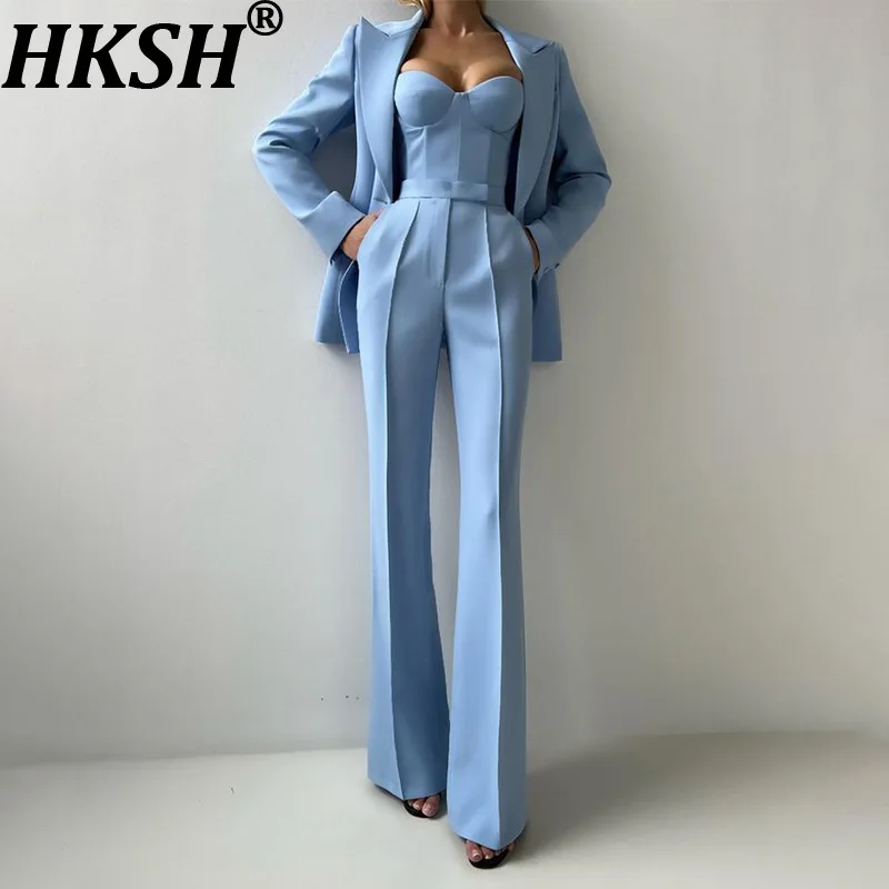 

HKSH Autumn New Women Three-piece Set Strapless Tank Top Double Breasted Blazer Suit Pants Office Lady Elegant Tide Chic HK12005