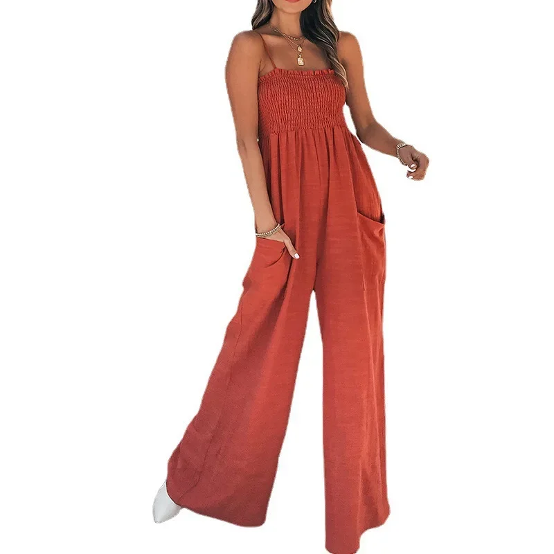 Women Jumpsuits Pullover Rompers High Waist Backless Jumpsuit Chest Wrapping Casual Pockets Spliced Wide Leg Pants One Piece