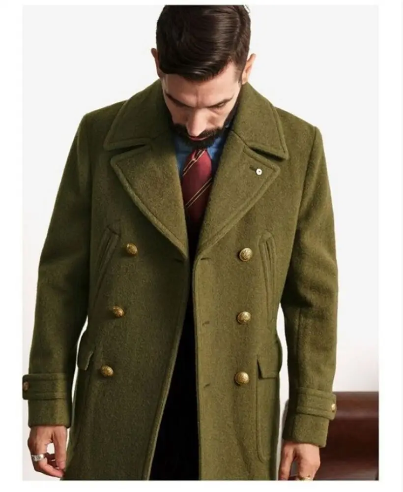 Men's Woolen Trench Coat French Business Overcoat Winter Warm Long Top Coat