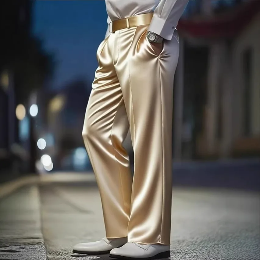 Men's Acetate Satin Suit Pants High Waist Wide Leg Straight Trousers Summer Elegant Casual Dress Pants for Men Daily Wear