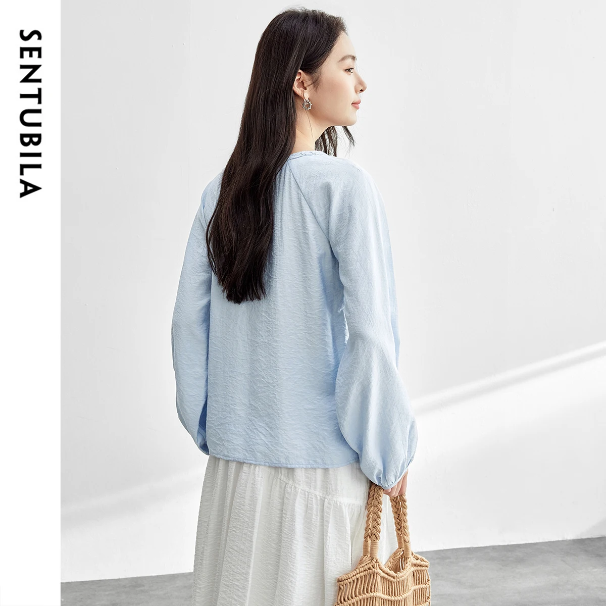 SENTUBILA Elegant Women's Blouses Lace-up Hollow-out Lantern Sleeve Sweet Commute Folds Shirts 2025 Spring New W51C58421