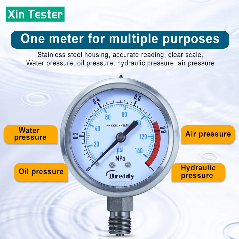 Xin Tester Pressure Gauge 0-60MPa Vertical Anti-vibration Stainless Steel Glycerin free Hydraulic Water Oil Air Thread G1/4 G1/2