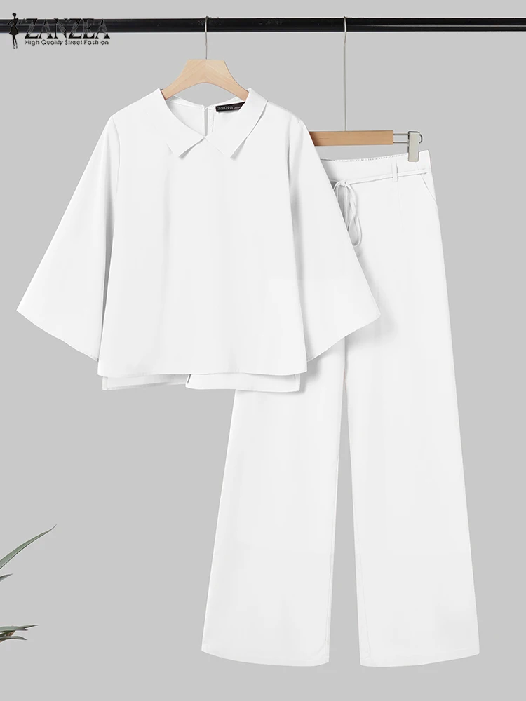 

ZANZEA Casual Loose Holiday Pant Sets Woman Commute 3/4 Sleeve Tops Wide Leg Pants 2 Piece Sets 2025 Summer Solid 2PCS Outfits