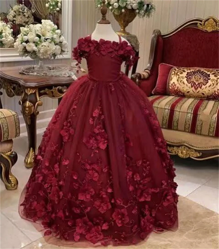 

Индивидуальное винно-красное платье для девочки с 3D цветами, длинное, в пол, для свадьбы, вечеринки, первого причастия, дня рождения, бальное платье