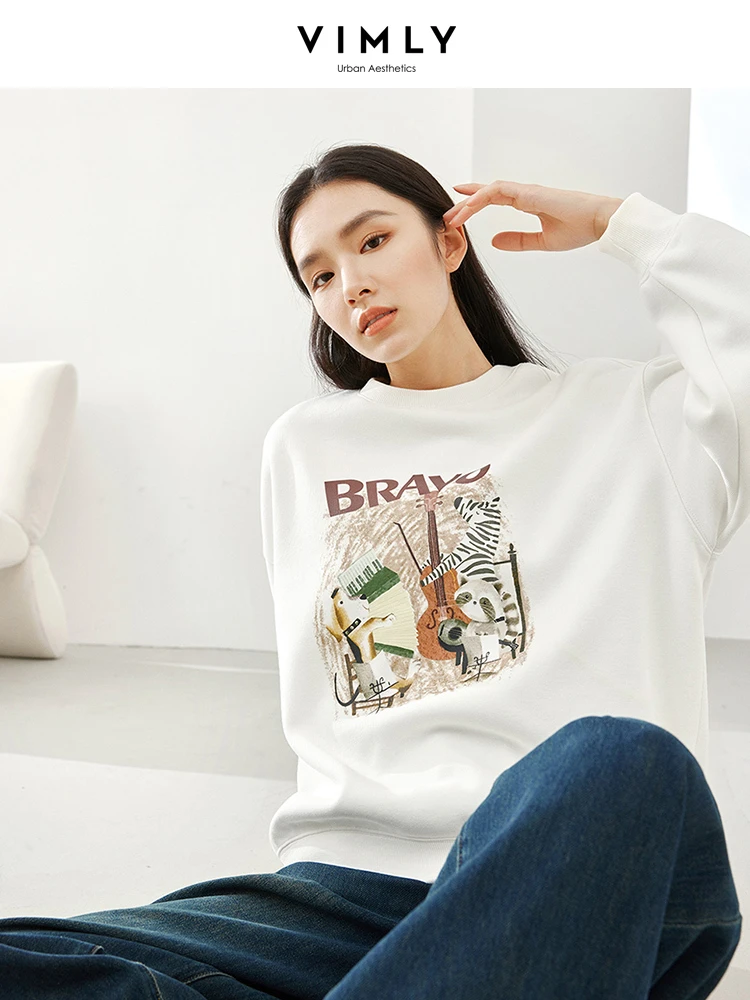 Vimly White O-neck Pullover Sweatshirt 2023 Winter Warm Casual Loose Letter Printed Long Drop Sleeve Tops Women\'s Clothing M5226