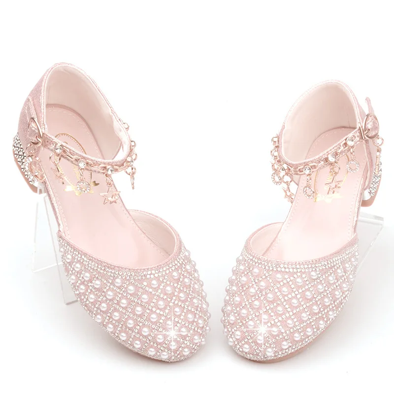 Girls High Heel Kids Sandals Pearl Teen Students Princess Crystal Party Performance Shoes Children Wedding Formal Dance Footwear