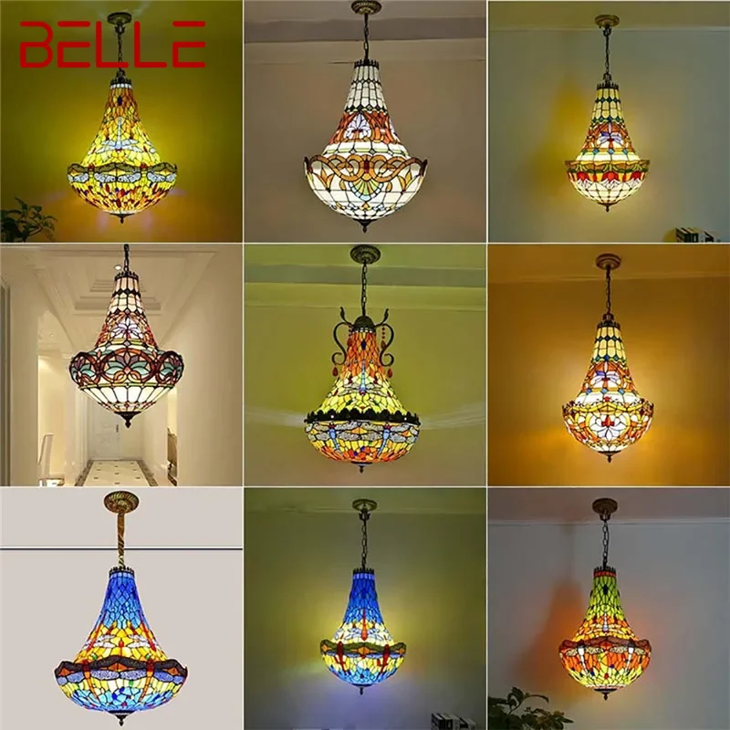 BELLE Tiffany European Chandelier Vintage Restaurant Bedroom Coffee Shop Bar Villa Corridor Color Glass Pendant Lamp