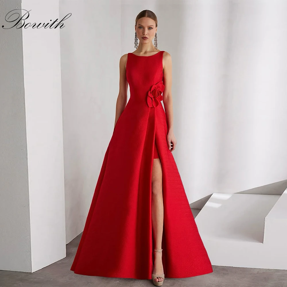 

Bowith Red Evening Dresses 2025 Scoop Collar Sleeveless Prom Gown Handmade Flower Customized Side High Slit Party Dresses