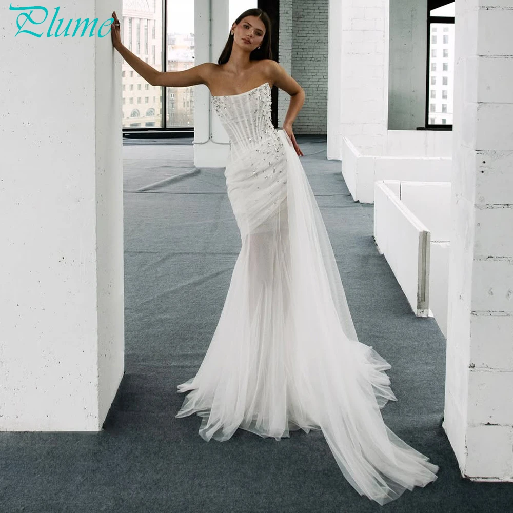 Customized Elegant White Organza Wedding Dress Formal Strapless Sleeveless Bridal Gown Soft Straight Chapel Train Robe de mariée