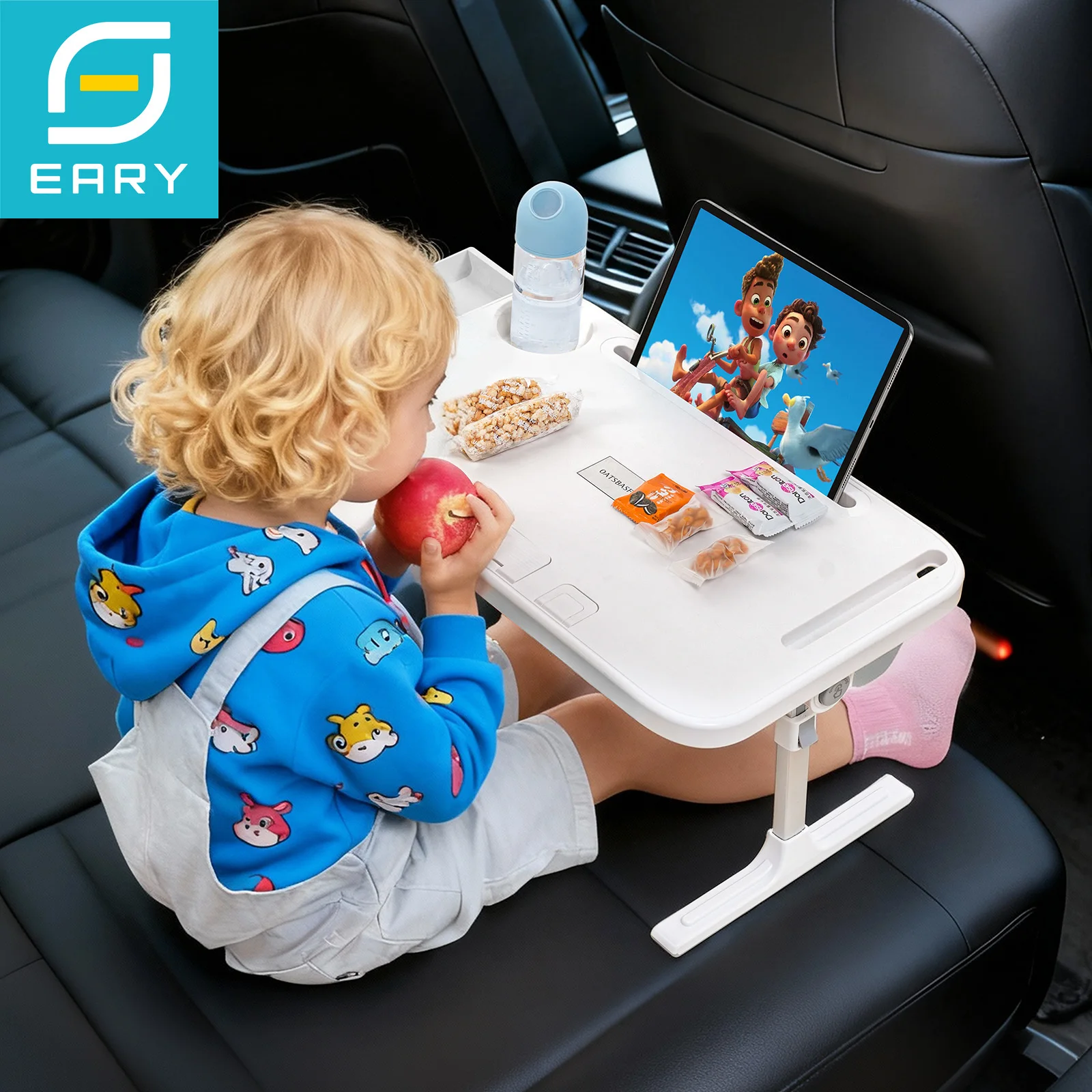

Eary for Kids Car Tray Table With Cup Holder Slot Small Drawer Portable Foldable Car Seat Tablet Laptop Stand Travel Dining Desk