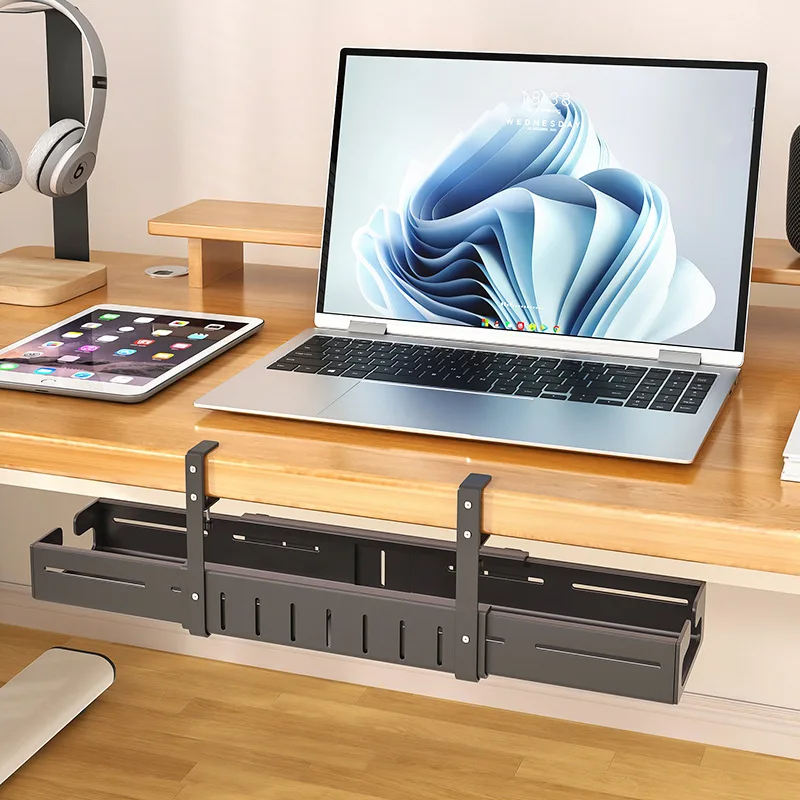 Under Desk Cable Organizer Rack, No Drill Carbon Steel Wire Tray with Adjustable Clamp and Expandable Shelf, Cord Management