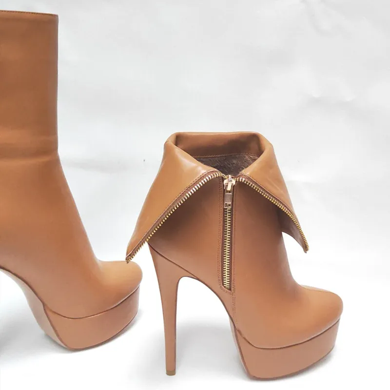 SHOFOO Sexy women's high heels boots. Brown matte leather short boots. About 15cm heel height. Middle boots/ankle boots. Zipper