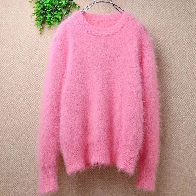 04 ropa de Otoño Invierno para mujer, dulce Rosa, pelo de conejo Angora tejido con cuello redondo, blusas ajustadas de manga larga, Jersey, suéter, Top