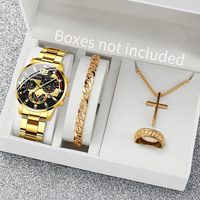 4pcs/set Men Business Watches Fashion Gold Steel Band Analog Male's Quartz Watch Jewelry Set(Without Box)