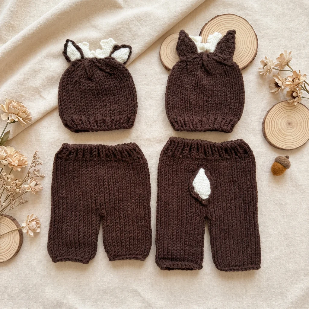 2Pcs Newborn Fawn Outfit Photography Props Christmas Deer Handmade Knit Beanie Hat & Shorts Set Coffee for Baby Photo Shoots - view 4