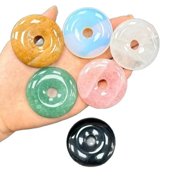 50MM Donut Natural Gem Stone Crystal Pendant for Jewelry Making Large Loose Bead Pink Quartz Green Aventurine Opal Charms X411