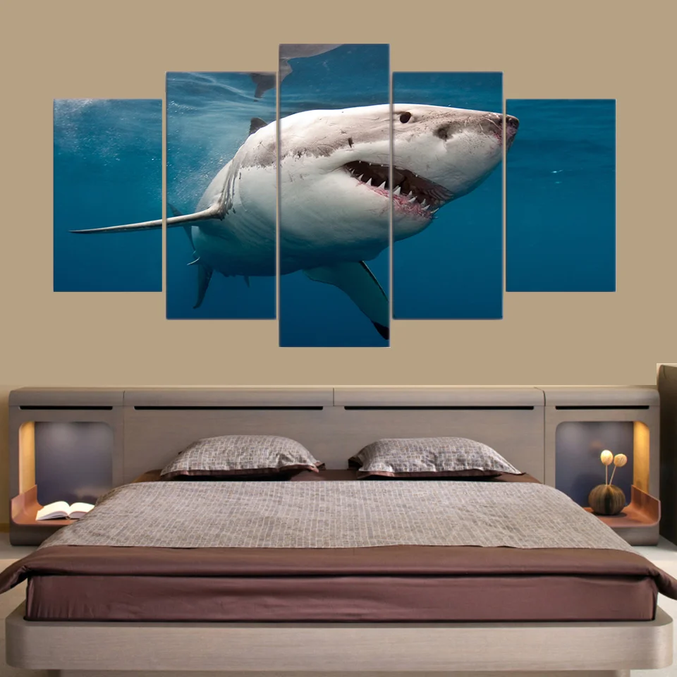 5 Pieces Canvas Art Great White Shark Poster Painting Home Decor Living Room Modular Picture Print Bedroom Mural Framework