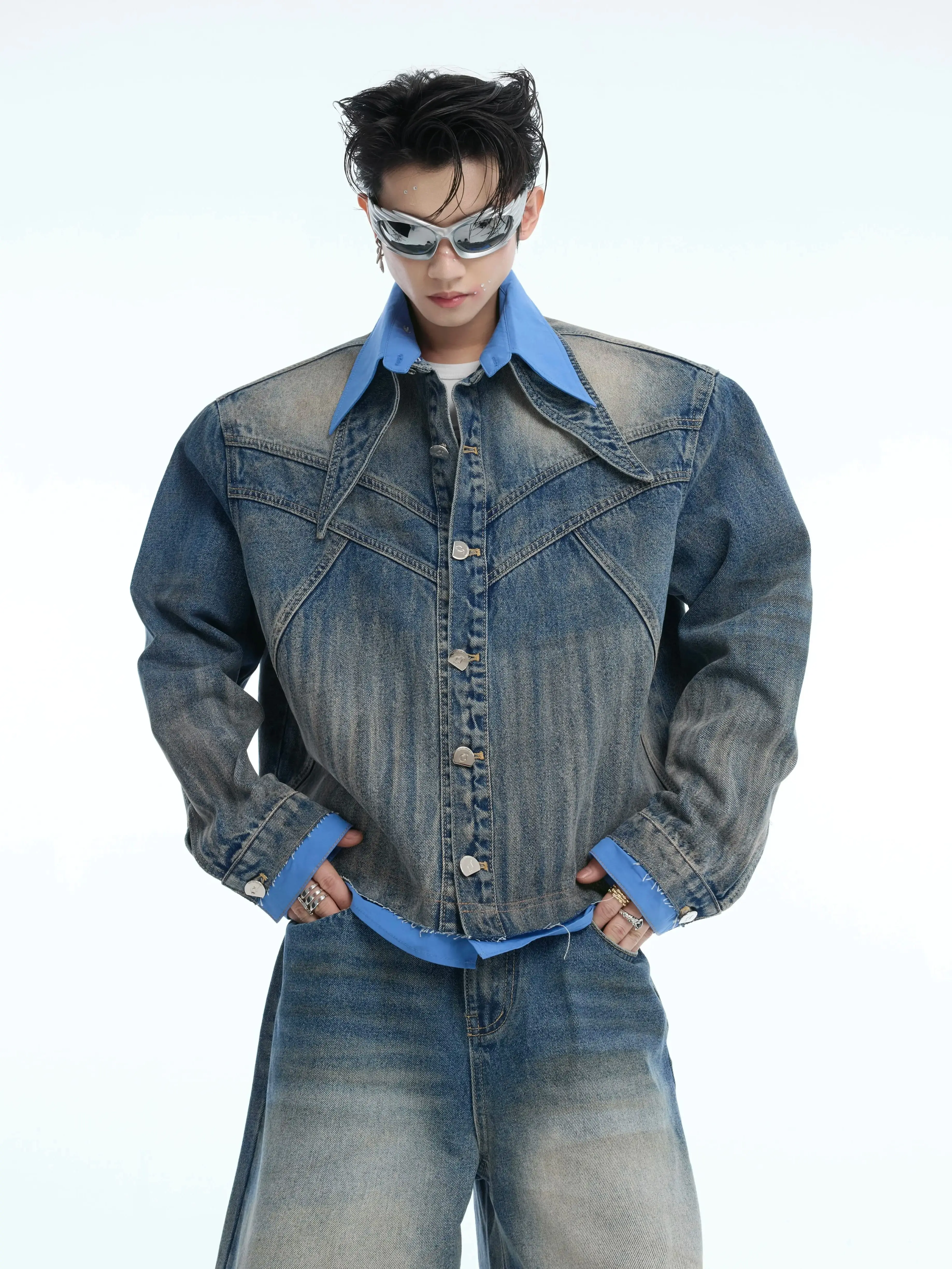 Spring Autumn Retro Men's Fake Two-Piece Deconstructed Blue Denim Jacket High-Waisted Loose Casual Straight-Leg Wide-Leg Jeans