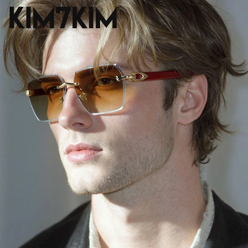 Vintage Square Rimless Sunglasses Men 2025 Luxury Brand Punk Leopard Head Sunglass Anti Blue Light Photochromic Eyewear Shades
