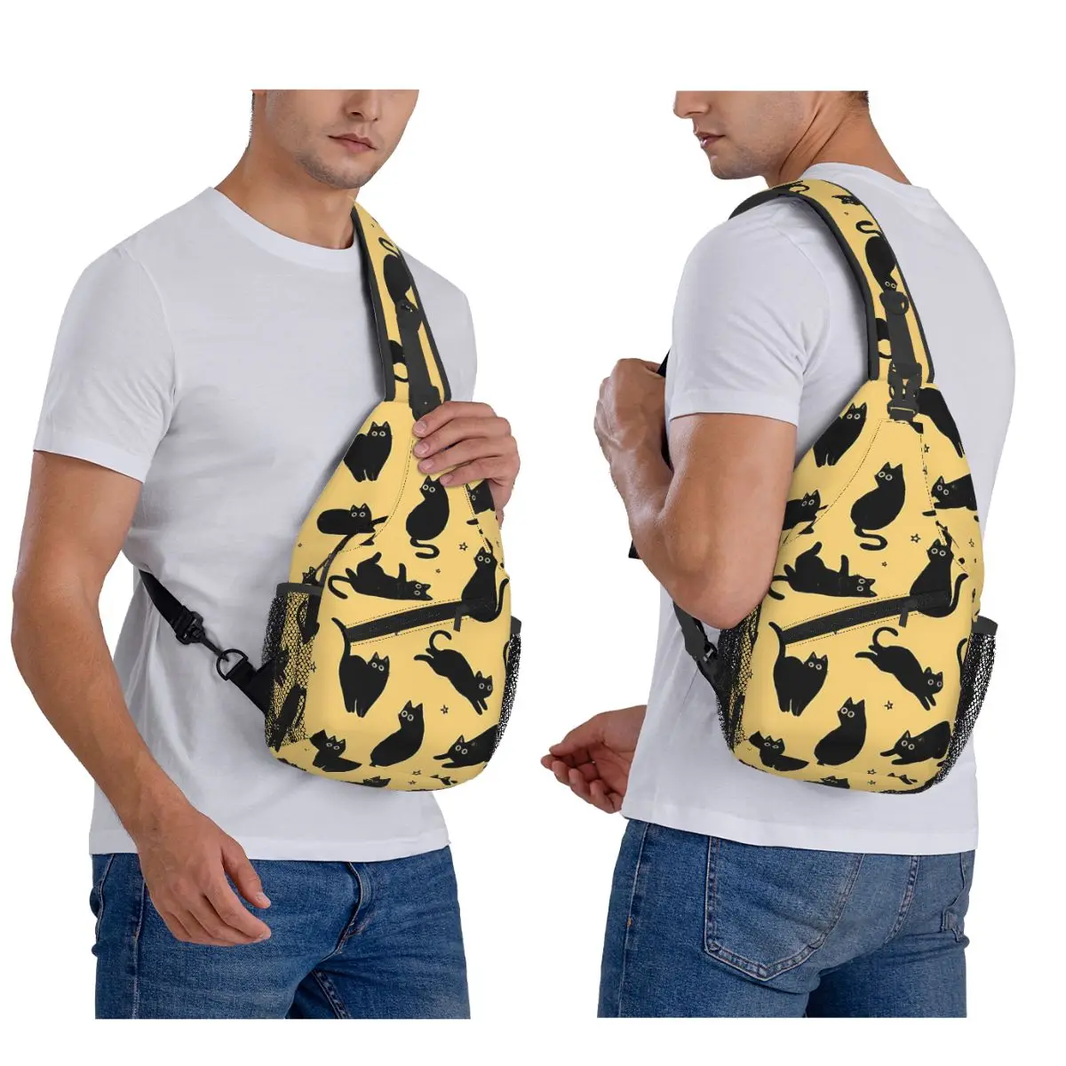 Black Cat Pattern Chest Bag Men Sling Crossbody Backpack Chest Bag Traveling Hiking Daypack Shoulder Bag