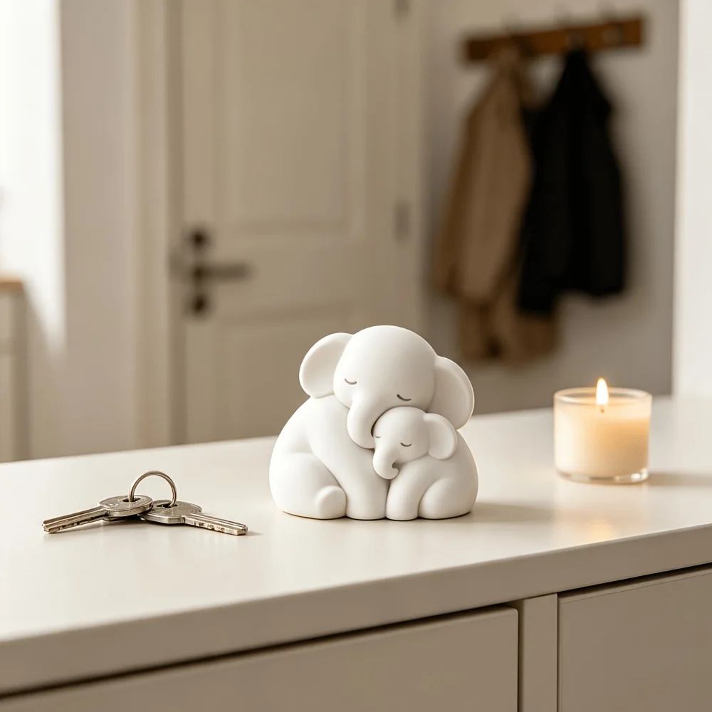 Minimalist White Mother & Baby Elephant Figurine, Warm Hug Design, Smooth Texture Desktop Decor, Home Decoration & Holiday Gift