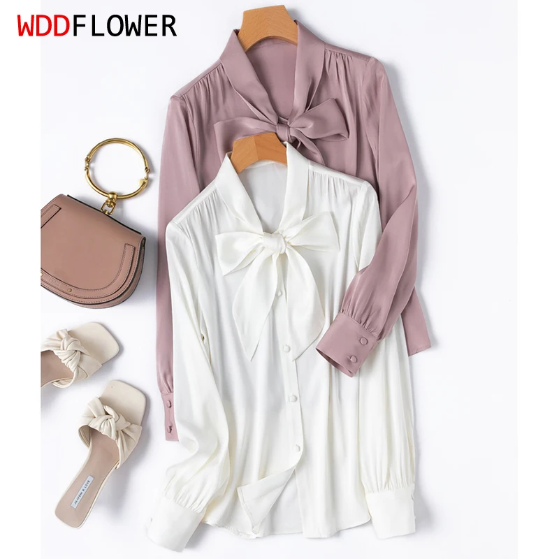 

Women Silk Shirt 93% Mulberry Silk 7% Spandex Solid Color Long Sleeve Bow-tied Neck Buttons Down Top Blouse Office Work M1368