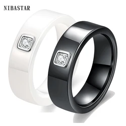 6mm Black/White Ceramic Rings For Women Dazzling Cubic Zircon Stainless Steel Engagement Wedding Ring Fashion Jewelry