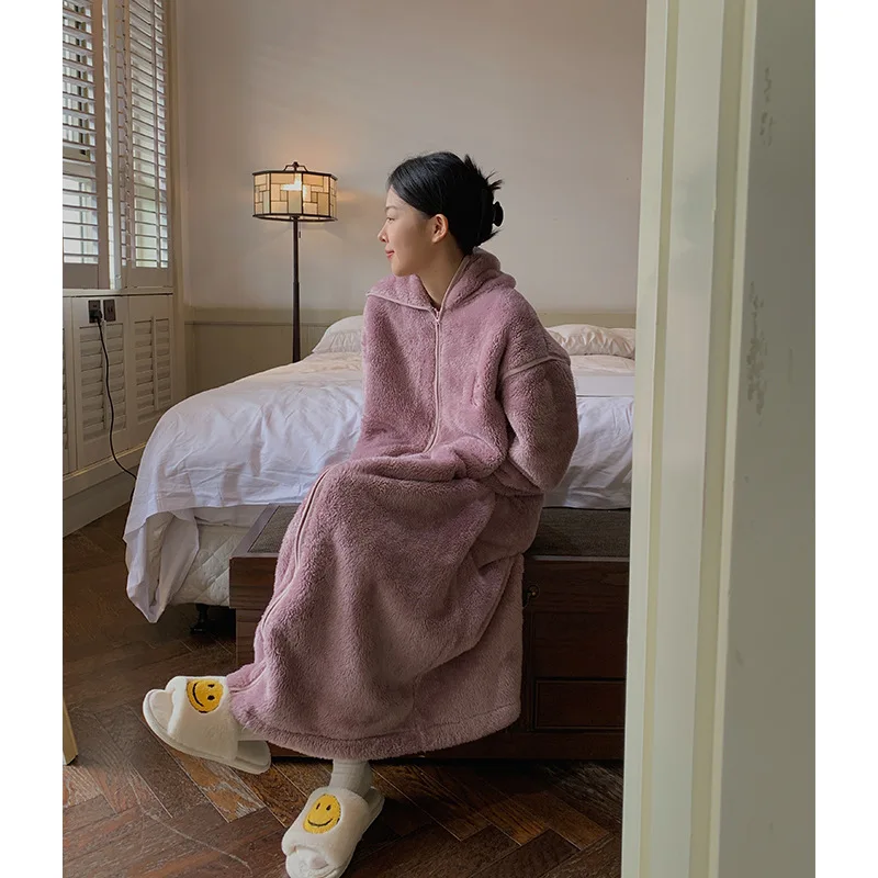 Couple Winter Bathrobe Zipper Hooded Warm Women Dressing Gown Solid Fleece Thick Loose Comfortable Barh Robe For Female