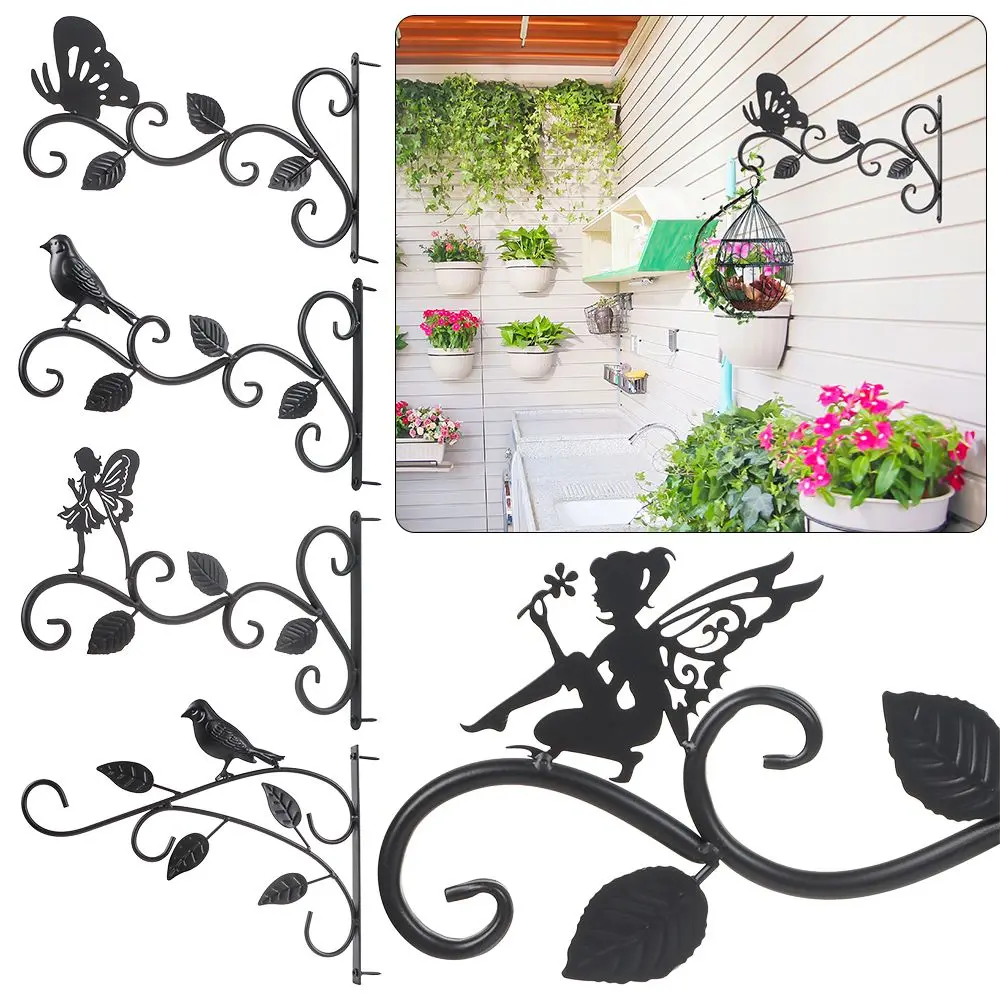 Black Hanging Flower Basket Brackets Butterfly Bird Pattern Iron Garden Plant Hanger Hook Balcony Terrace Veranda