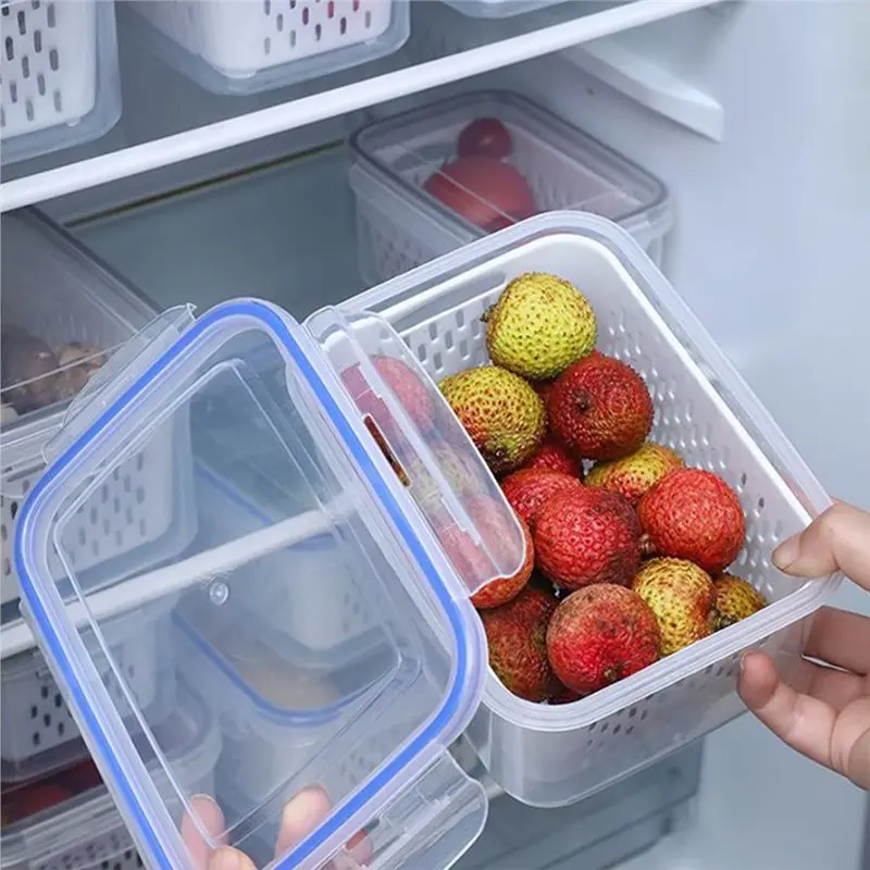 FYBL-Küchen-Lebensmittelbehälter mit abnehmbarem Sieb, Obstaufbewahrungsboxen für Kühlschrank und mit Gefrierfach – Kühlschrank-Aufbewahrungsbox