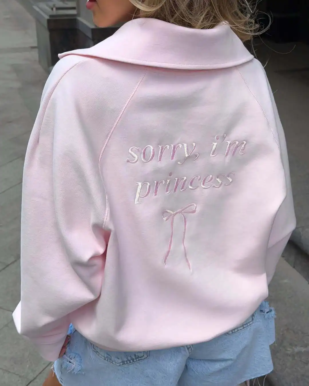 Autumn New Pink Embroidered Loose Sweatshirt Women Casual Laple Zip-up Pulloves Hoodie Girl Sweet Long Sleeve Tops Streetwear