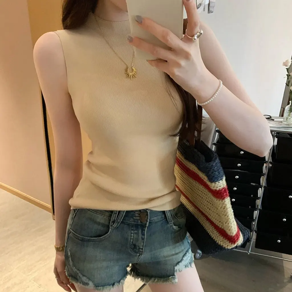 

Korean Style Women's Sleeveless Sweater Half High Collar Summer New Beautiful inside Vest Special Wholesale Lazy Style