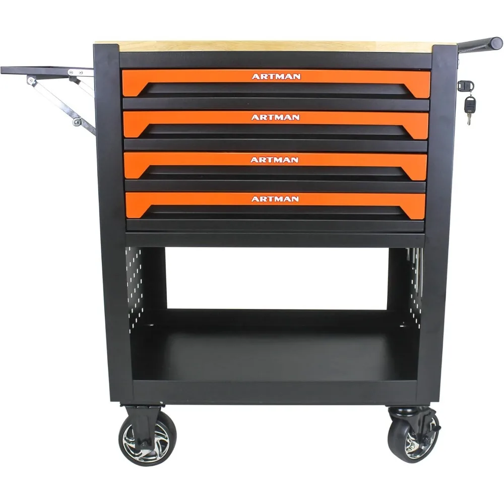 

4 Drawers Rolling Tool Chest Cart with Wooden Top and Adjustable Shelf. Tool Storage Cabinet with 4 Wheels.Portable Tool Cabinet