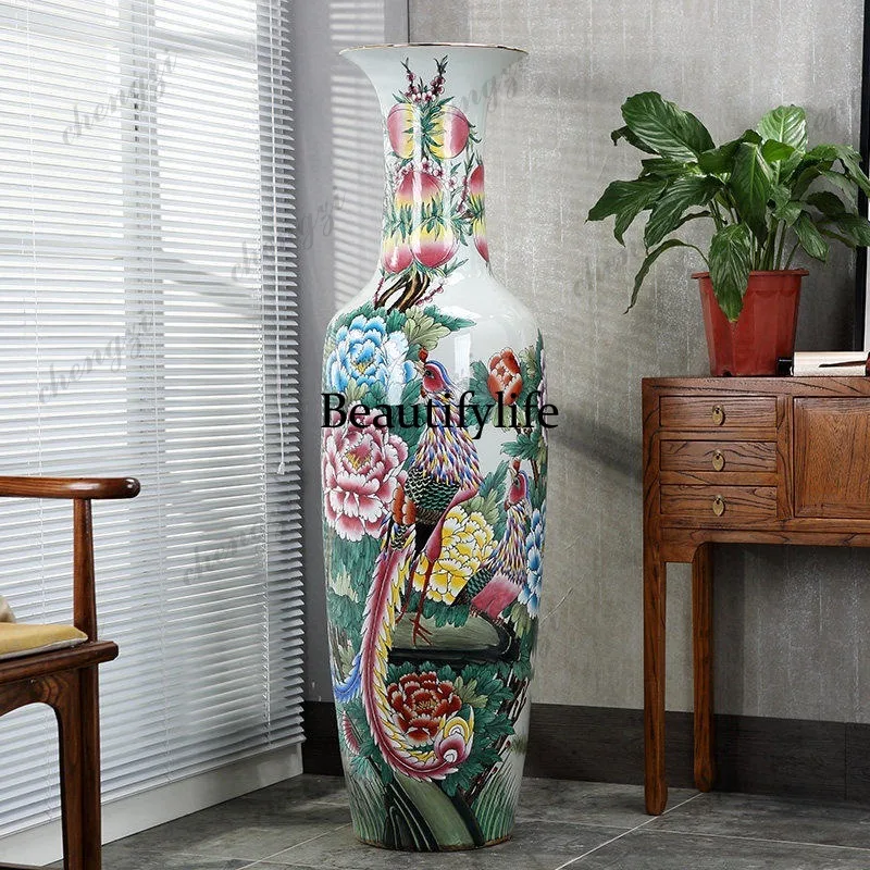 Ceramics hand-painted pastel floor-to-ceiling large vase ornament  flower arrangement extra large opening porcelain vase