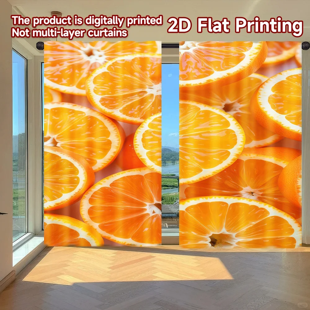 2D-Flachdruck, 2 Stück, Fenstervorhänge, in Scheiben geschnitten, frische Orangen, digital bedruckte Polyester-Vorhänge, saisonale Party- und Urlaubsdekoration, perfekt