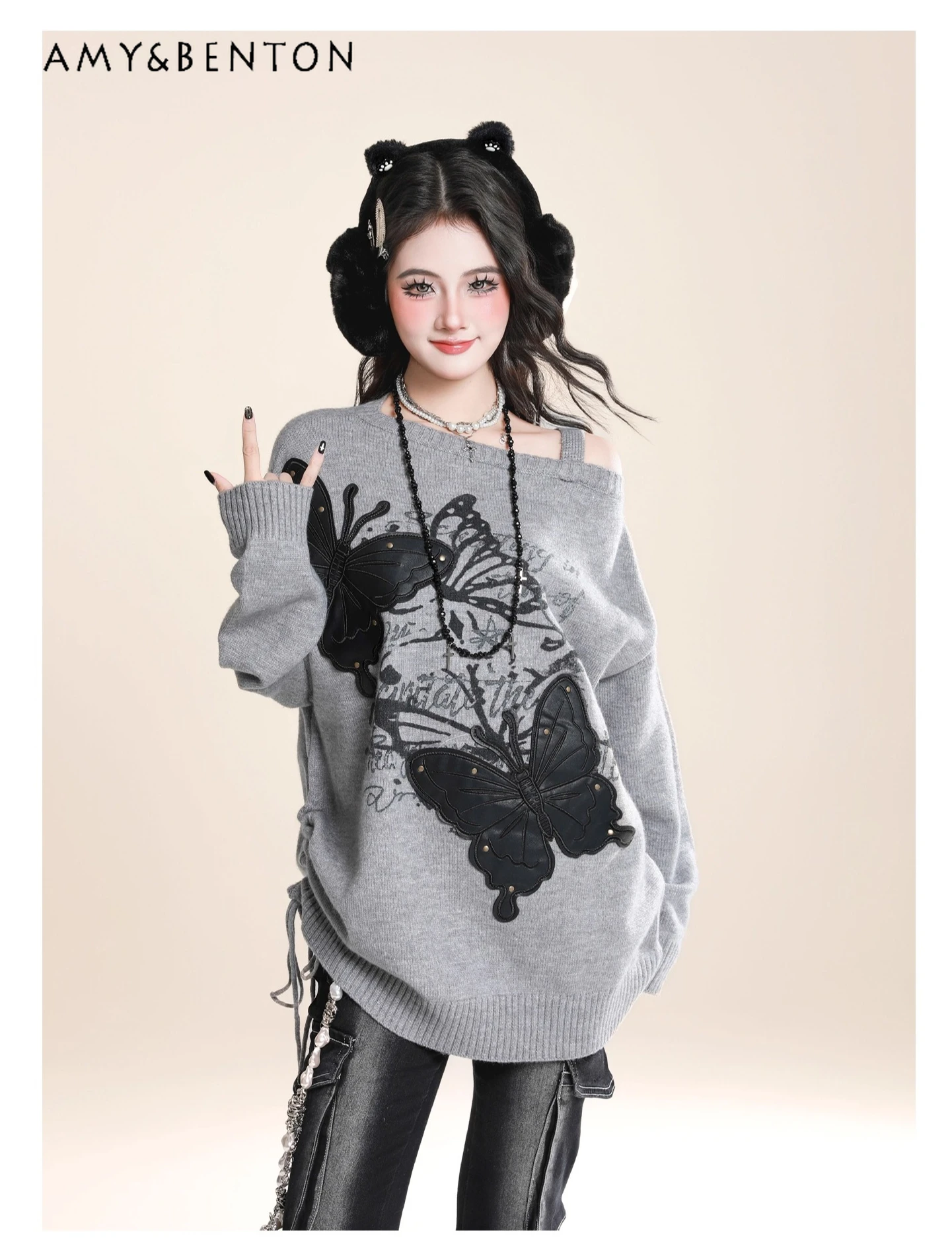 

Spring and Autumn New American Retro Butterfly Off-the-shoulder Gray Knitted Sweater Women's Loose Slimming Casual Apricot Top