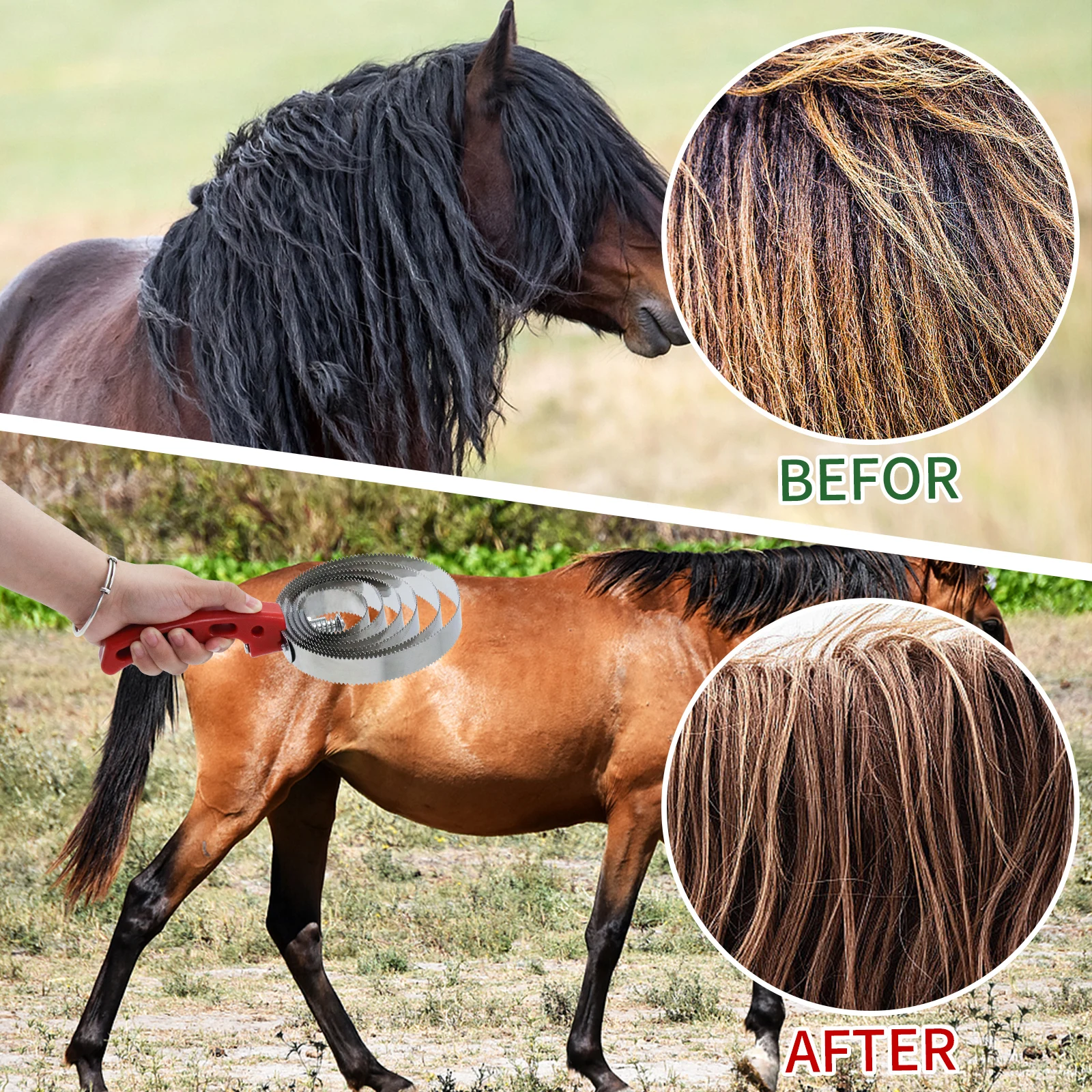 6-خواتم الفولاذ المقاوم للصدأ مشط الكاري مع المطاط المضادة للانزلاق قبضة متعددة الوظائف فرشاة الكاري الاستمالة للحصان الماشية الأغنام البقرة