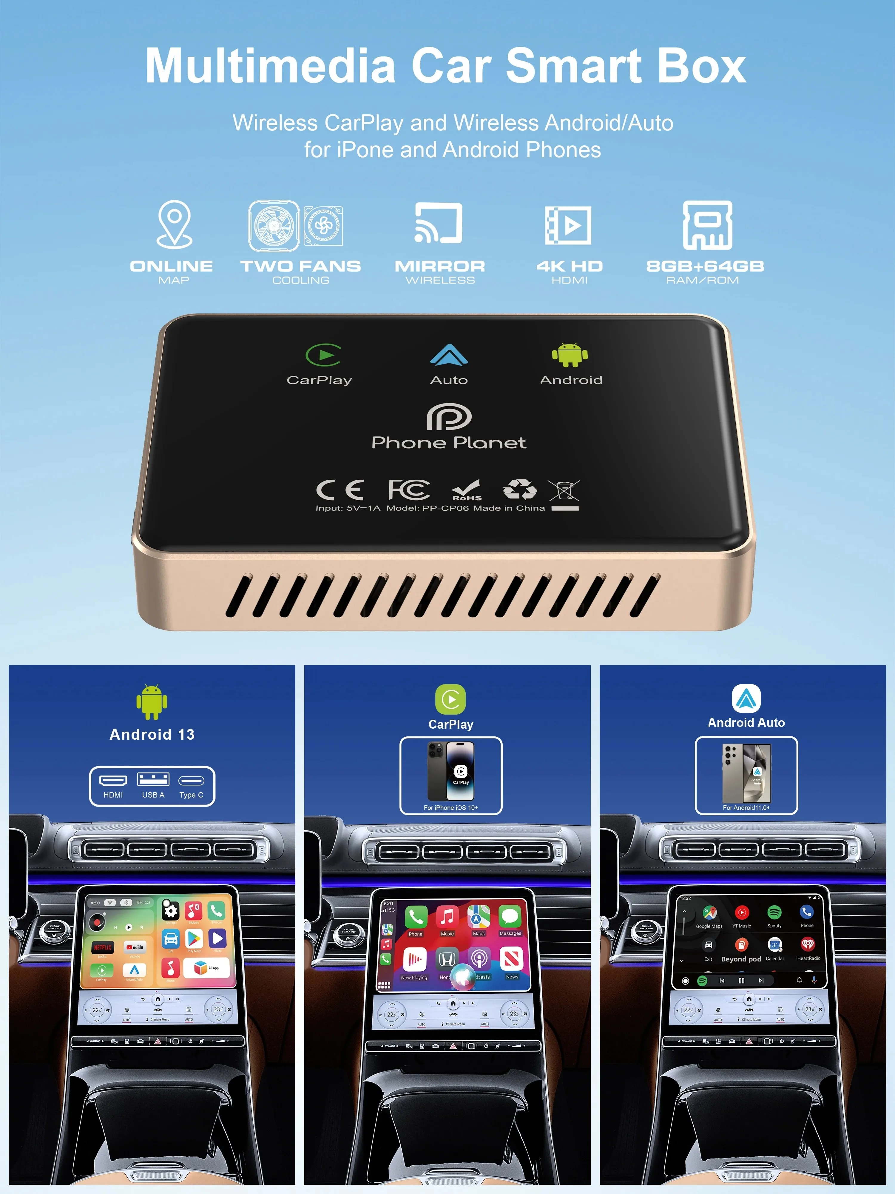 2026 CarPlay AI Box Android 12.0 Android Auto Беспроводной адаптер CarPlay 2,4 + 5GGPS 8G 64G FOTA Обновление Встроенный вентилятор с HDMI