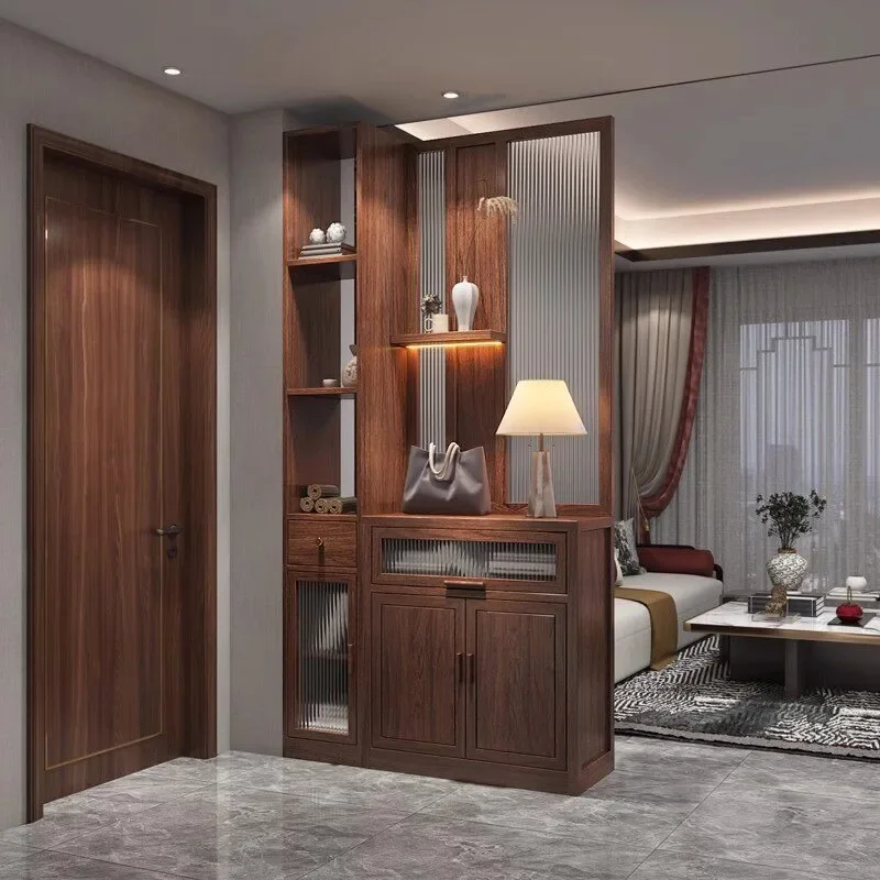 New Chinese-style screen partition, living room entrance door blocking storage, modern simple Changhong glass solid wood entranc