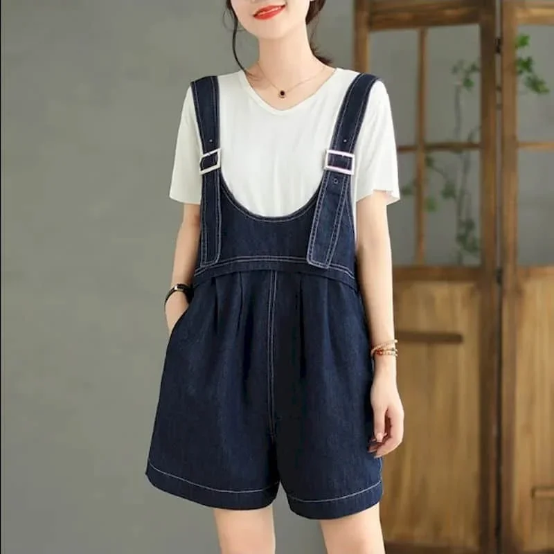 

Джинсовый комбинезон для женщин, винтажный цельный наряд в корейском стиле, повседневная свободная однотонная новая летняя одежда для женщин, укороченные джинсы