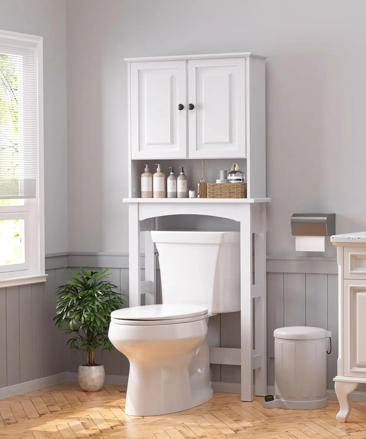 Over The Toilet Storage Cabinet with Motion Sensor LED Light, Double Door Bathroom Essentials Storage Organizer Space-Saving Toi