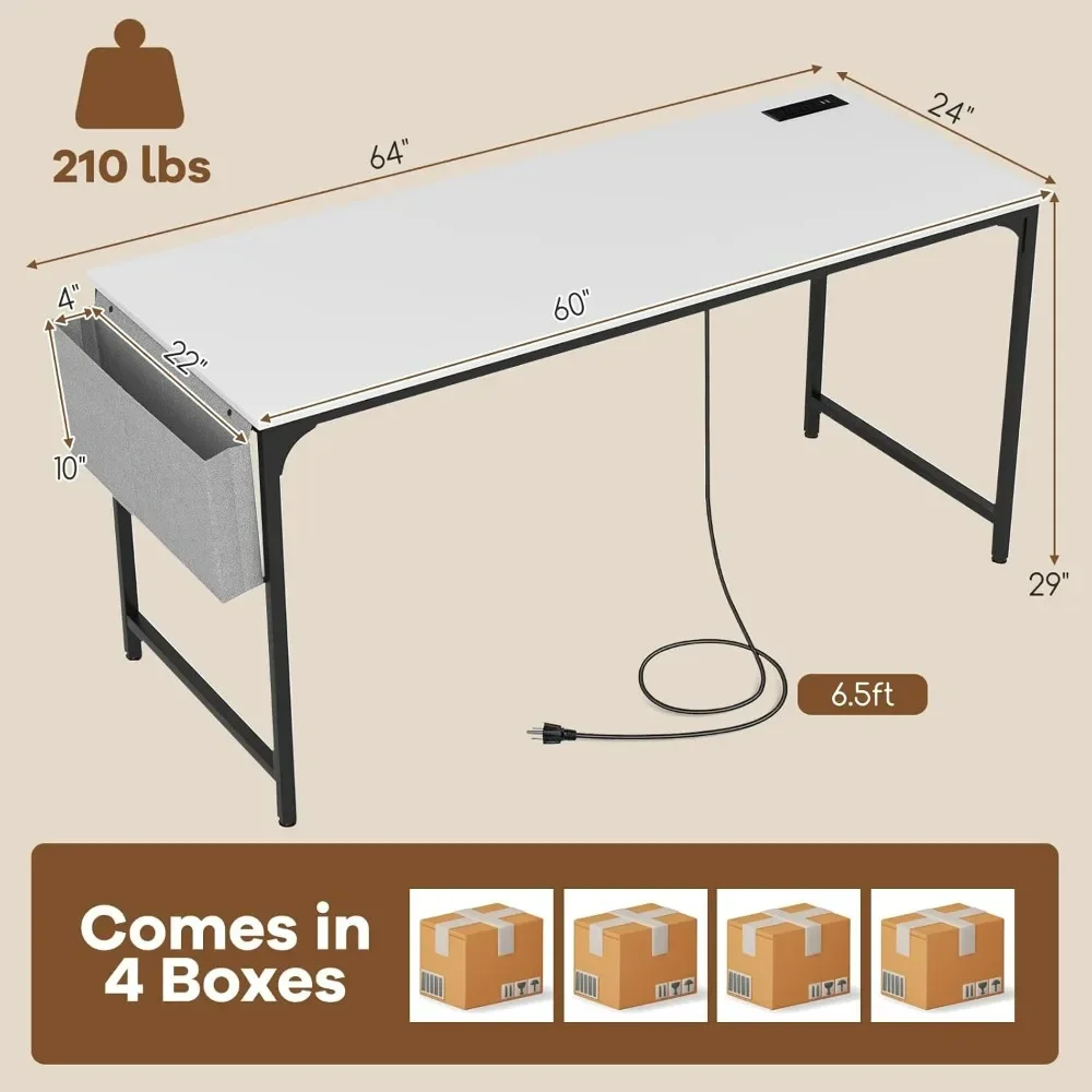 Juego de escritorio para conferencias de 60 ", escritorio moderno para sala de estar con bolsa de almacenamiento, gancho para auriculares, marco de metal resistente, mesa de seminarios rectangular